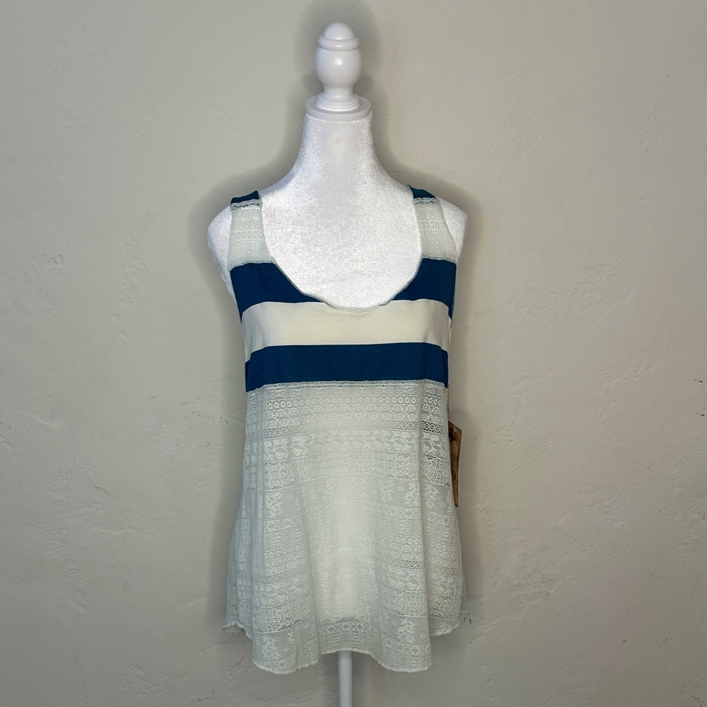 NWT - We The Free - Striped + Lace Teal/White Tank